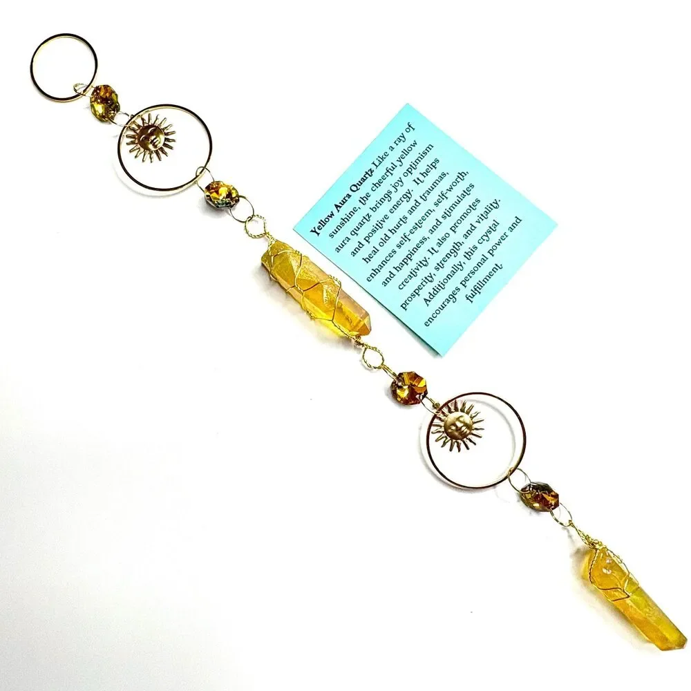 Yellow Aura Quartz Wall Hanging Gold Sun face Circle Frame  Amber Crystal Beads